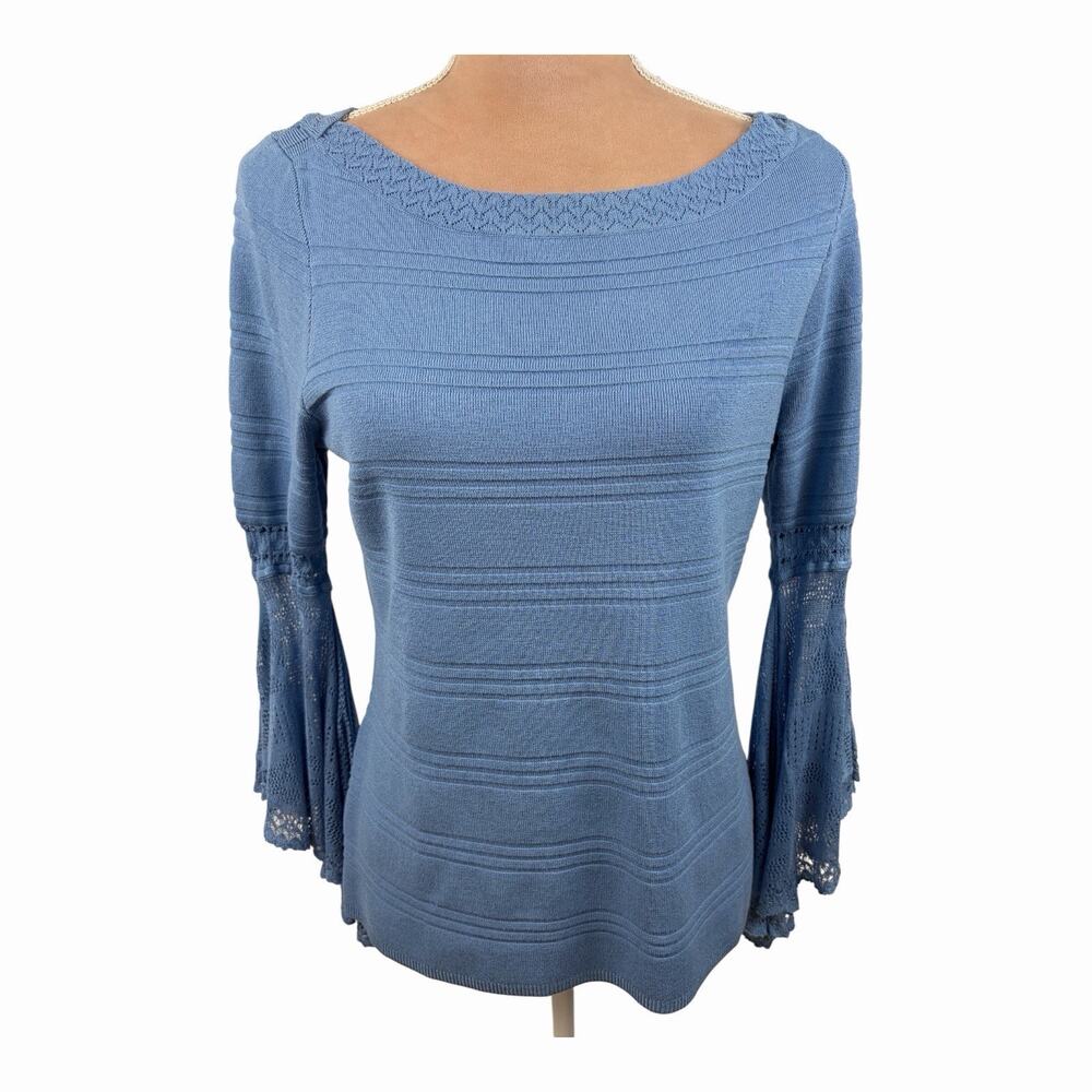 White House Black Market Blue Sweater Top Bell Sleeve Crochet Women M